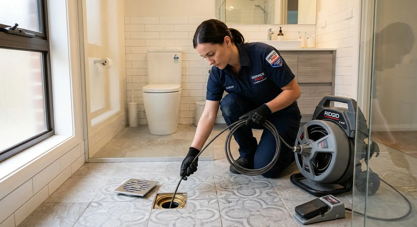 Technician clearing a bathroom floor drain for Sewer Line Installation in Doctor Phillips